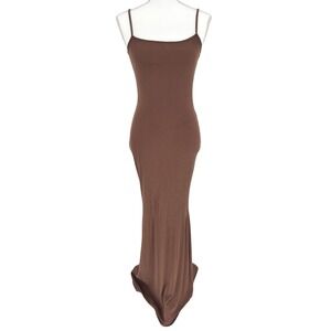 SKIMS Ribbed Brown Maxi Dress Bodycon Minimalist Clean Girl Neutral Loungewear L